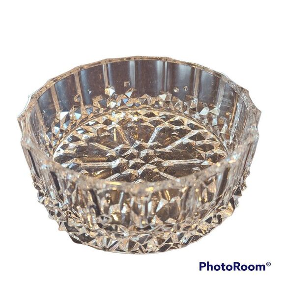 Diamond Cut Drum Shape Glass Crystal Round Open Trinket Candy Dish Vintage - Picture 1 of 10